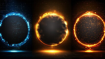 Sticker -  Set of three circular neon lights against a dark backdrop Center space for text or image insertion