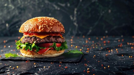 Wall Mural - Burger image on a dark slate backdrop