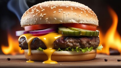 mouthwatering spicy cheeseburger with a sesame seed bun, juicy beef patty, melted cheese, lettuce, and tomato. The background flames add a fiery and appetizing appeal, perfect for a BBQ theme