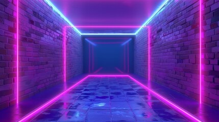 Wall Mural -  A long hallway featuring a brick wall, illuminated by a neon light at its end Neon lights adorn the walls and both sides, casting an inviting glow