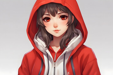 Wall Mural - A girl wearing a red hoodie and a backpack is smiling