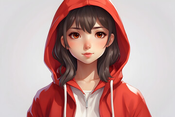 Wall Mural - A girl wearing a red hoodie and a backpack is smiling