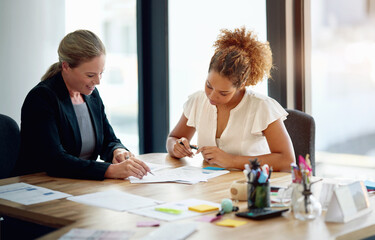 Leinwandbilder - Documents, meeting and business women in office for discussion, legal consulting and agreement. Corporate lawyer, law agency and woman with client and paperwork for contract, collaboration and report