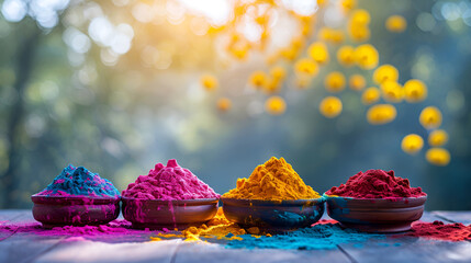 Wall Mural -  Vibrant holi powder in bowls on wooden table, ready for traditional festivities.