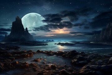 Wall Mural - A landscape with mountains and water, starry sky, Pangea landscape
