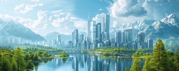 A hightech city powered by sustainable energy sources, surrounded by vibrant natural scenery