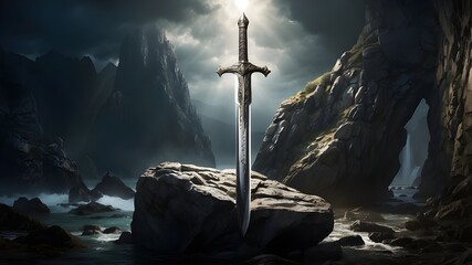 Wall Mural - Sword stuck in a rock like in the Excalibur legend , the mythical sword of king Arthur