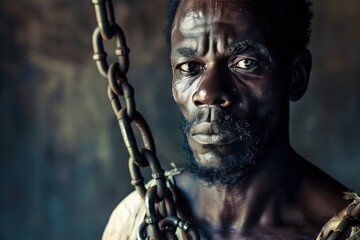 Wall Mural - A black man is chained to a wall with chains around his neck. He has a menacing look on his face. African slave