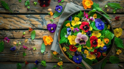 Sticker - A colorful salad bowl decorated with edible flowers sits on a rustic wooden table, creating a beautiful and artistic display of natures bounty AIG50