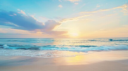 a serene beach scene at sunset with smooth sand and ample space in the sky for adding text.