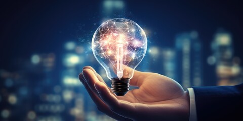 Creative, new ideas and innovation, Hand holding light bulb and smart brain inside and innovation icon network connection on dark blue city background