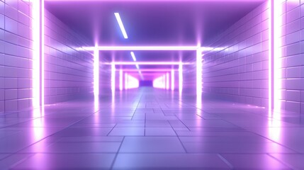 Poster -  A long hallway with neon lights flanking each side, and a person walking in the middle; on the other side, a room with a tiled floor