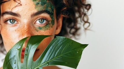  A woman with a green leaf in front of her face Repeated for clarity