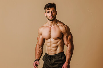 a man with a muscular body poses for a picture. he is wearing black shorts and a black shirt
