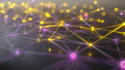 Futuristic technology background featuring yellow and purple dot connections forming a detailed plexus pattern