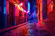 © Dynamo - Vibrant Nightlife in Old Spanish City: Cobblestone Alleys, Neon Lights, and Brick Buildings