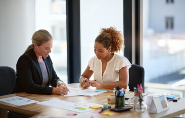 Leinwandbilder - Documents, meeting and business people in office for discussion, legal consulting and agreement. Corporate lawyer, law agency and women and paperwork for client contract, collaboration and report