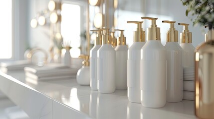 Aufkleber - Close-up of elegant white shampoo and conditioner bottles with gold pumps on a clean countertop. Generative AI