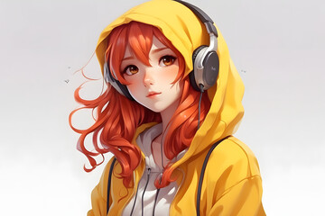 Wall Mural - A girl wearing headphones and a yellow hoodie