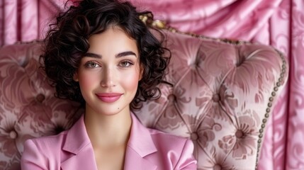 Wall Mural -  A person in a pink jacket sits closely, framed by pink curtains Behind her, a pink chair against a pink wall is visible