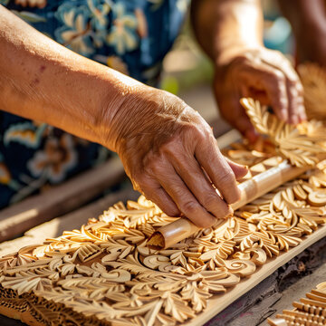 A close-up shot of traditional crafts being made at a local cultural festival