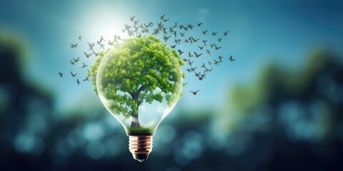 Environment friendly, Light bulb with green tree and birds fly of freedom, Sustainable development, ecology and environment protection, Earth day, Renewable energy and recycling