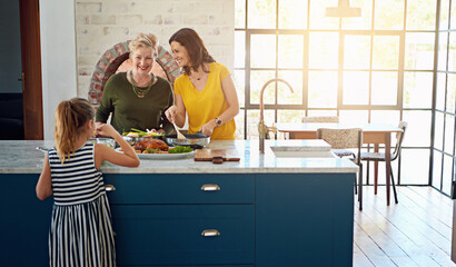 Poster - Love, cooking or girl with mother and grandmother in kitchen for learning, care and bonding in their home together. Food, nutrition or grandma teaching kid traditional, recipe or healthy meal balance