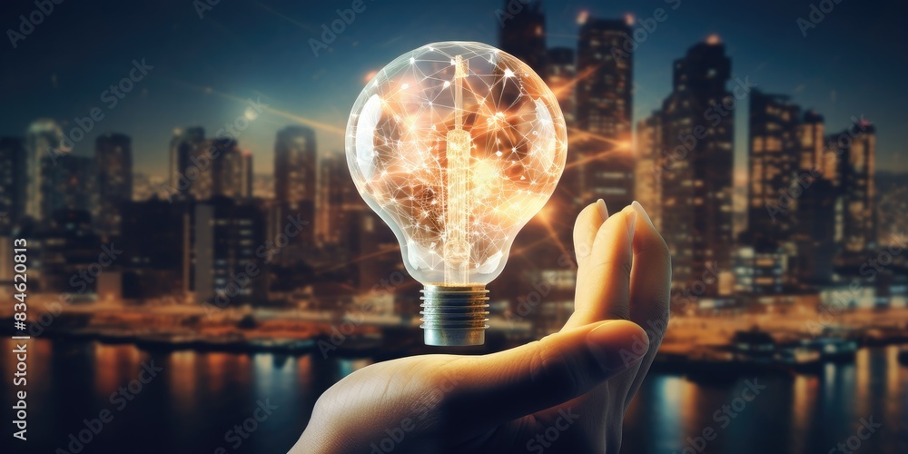 Hand holding light bulb and brain and network connection on city ...