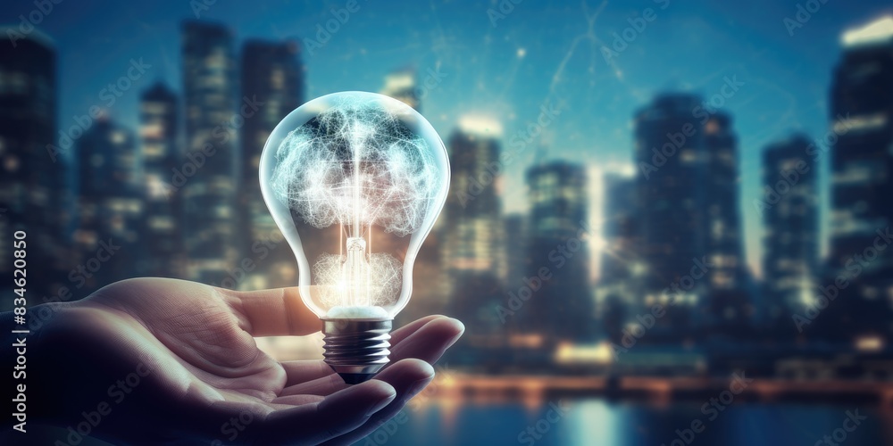 Hand holding light bulb and brain and network connection on city ...