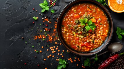 Wall Mural -  A bowl of soup with carrots, peas, and a slice of orange parsley on a black surface Accompanied by a spoon