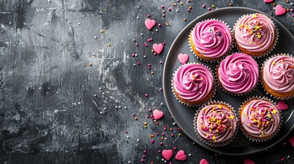  A plate of cupcakes features pink frosting and sprinkles against a black surface Pink and yellow sprinkles surround the cupcakes