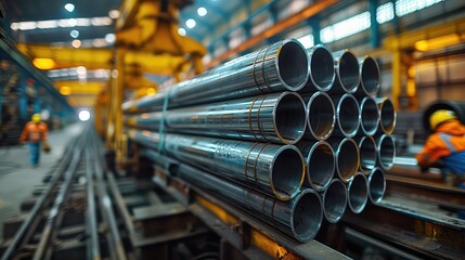 Gantry crane loading a stack of steel pipes in a metallurgical plant workshop