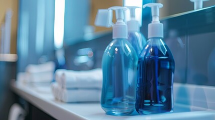 Poster - Close-up of three stylish blue bottles of shampoo and conditioner on a bathroom shelf. Generative AI