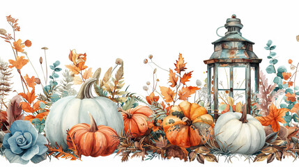 Wall Mural - Fall composition with pastel pumpkins, watercolor illustration, white background