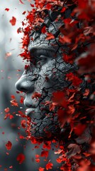 Wall Mural - 3D artwork of a cracked human face surrounded by vibrant red leaves in motion, against a blurred background.