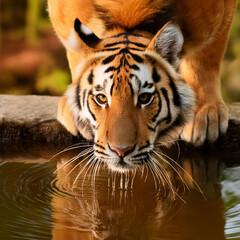 tiger drinking water from a pond in forest. wildlife photo