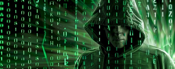 Wall Mural - Man, hacker in a green sports coat with a hood on his head on a green background with a binary code, Hacker in a hooded jacket standing against a backdrop of digital data code