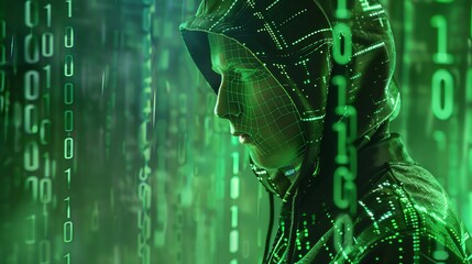 Wall Mural - Hacker in a dark hooded jacket surrounded by glowing green binary code with cinematic lighting and shadows, with a green color theme