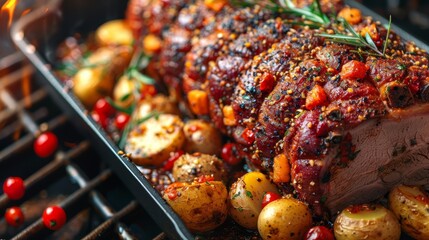 Wall Mural -  A roasting rack topped with roasted meat, potatoes, and rosemary sprigs An additional roasting rack with similar contents is situated beside it