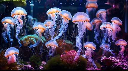 Jellyfish illuminated by soft lighting in a fish tank