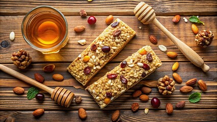 Top view of a cereal muesli bar with nuts and honey on a wooden table , healthy, snack, dessert, sweet, muesli, bar, nuts, honey, breakfast, organic, granola, delicious, nutrition, natural