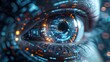 © Koko Art Studio - Futuristic eye scanning optical vision. Biometric cyberspace identification security. 3d augmented contact lens with hologram microchip. AI digital Innovation, cognitive science, technology background