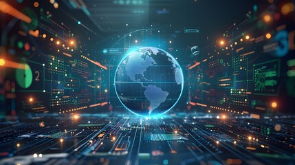 Futuristic transparent world globe, advanced high technology holographic 3d digital interface background, node and data stream of cognitive science AI global network finance security and blockchain.