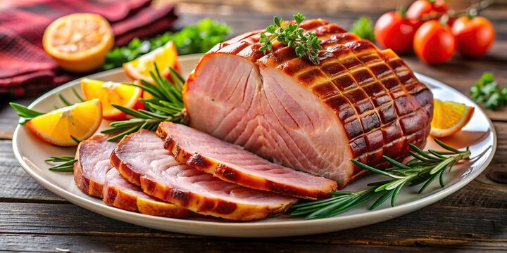 Delicious sweet grilled ham on a plate , food, grill, ham, sweet, savory, tasty, cooked, homemade, meal, lunch, dinner, barbecue, flavor, gourmet, succulent, juicy, pork, smoky