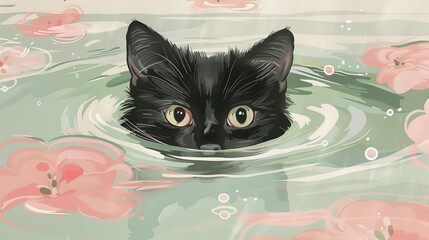 Naklejka na meble Whimsical illustration of a black cat swimming in water surrounded by pink flowers, with wide eyes peeking above the surface.