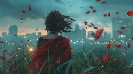 Wall Mural -  A woman in a red dress stands amidst a vibrant red flower field, red petals drifting down around her In the background, a cityscape emerges with a distant horizon
