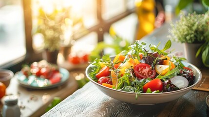 Salad, healthy food, vegetables, fruit.