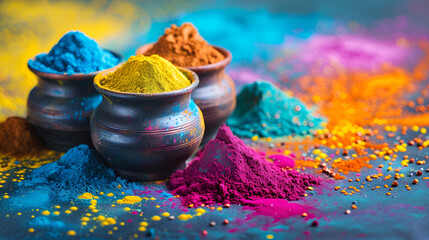 Wall Mural - Various vibrant powders in pots and bowls, ready for use in traditional Indian Holi festival celebrations.