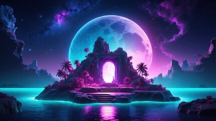 Wall Mural - abstract island in a fantasy nighttime scene, highlighted by moonlight and neon lights, with a galax