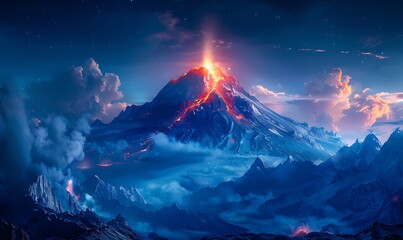 Wall Mural - Illustration Background Peak of Eternity Watching a Volcano Emitting Night Light